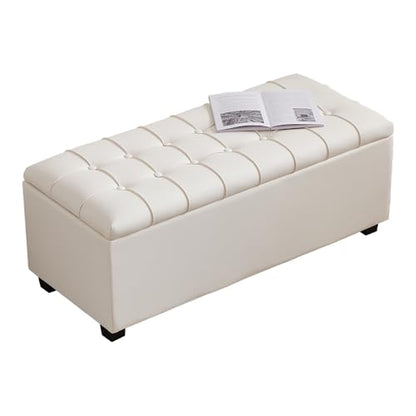 38-inch White Faux Leather Storage Ottoman Bench with Seat and Footrest Function - for Bedroom, Living Room & Entryway - color: White