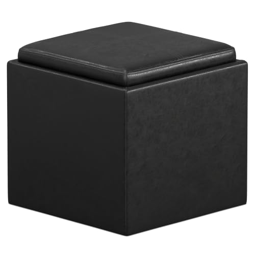 SIMPLIHOME Rockwood Cube Storage Ottoman with Tray - 17" Wide x 17" High Upholstered Vegan Leather Square Storage Ottoman in Distressed Black, Contemporary Ottoman for Living Room with Serving Tray - color: Distressed Black