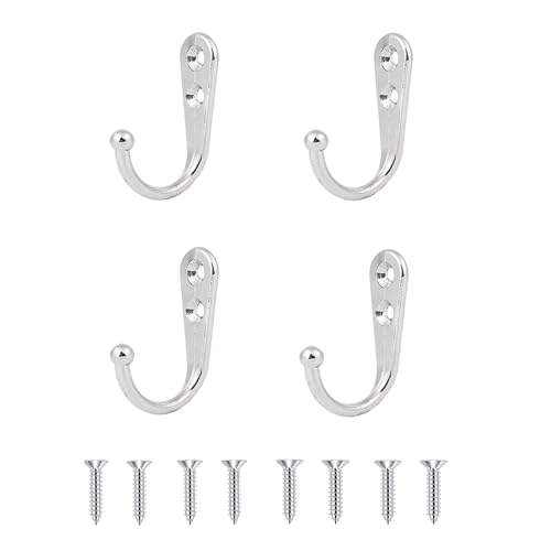 4 Pcs Wall Mounted Hooks for Bedroom,Bathroom,Kitchen,and Cabinet Hangers (with 8 Screws)-Silver - color: Silver