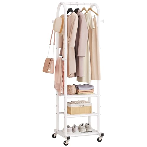 Dttwacoyh Metal Clothing Rack with Wheels and Hanging Hooks,Narrow Coat and Shoe Rack,Small Hall Tree,for Small Space, Bedroom, entryway, Walk-in Closet, Laundry Room- White - color: White