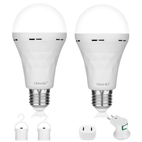 Ostwiki 2 Pack Emergency Rechargeable Light Bulbs,Battery Operated Backup Light Bulb 9W E27 8500K White Equivalent Self-Charging LED Light Bulbs for Power Outage Camping Outdoor Activity - color: 8500k Cool White, size: 2 Pack