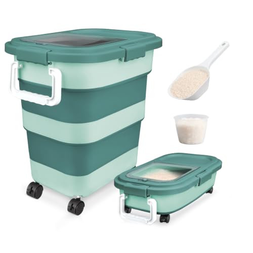Komzon Rice Storage Container, Collapsible Airtight 10-40 Lb Rice Storage Container, 25lb Pet Dog Food Storage Container, Rice Dispenser Bin with Cup and Scoop for Flour Cereal Pasta Grain, Cat Bird - size: 15-40 Lbs