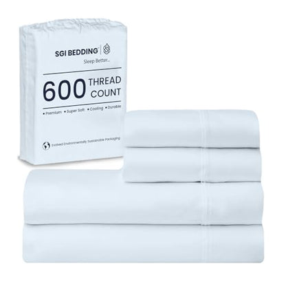 SGI bedding Queen Bed Sheets Set – Premium 600 TC Egyptian Cotton, Crisp Cooling Sateen Weave, Extra Soft Hotel Collection, Fits Mattresses Up to 16 Inch Deep, Breathable Long Lasting – Light Blue - color: 16 - Light Blue, size: Queen