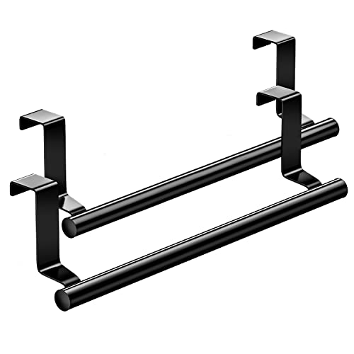 Stainless Steel Over Door Towel Rack Bar Holders for Universal Fit on Over Cabinet Cupboard Doors 2 Pack (Black) - color: Black