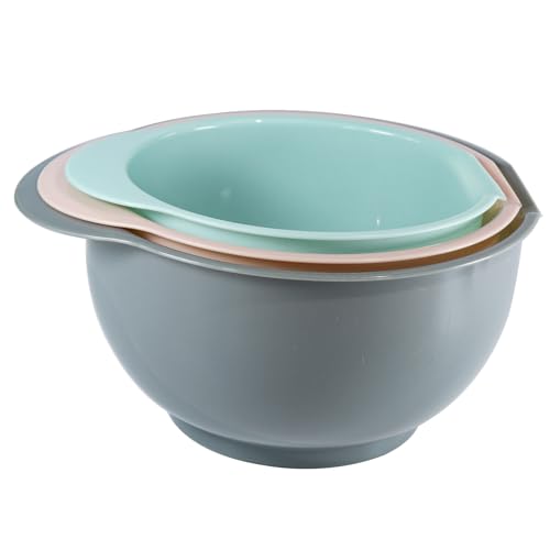 Nesting Plastic Mixing Bowls, Set Of 3, 1.5 quart, 2 quart, 2.5quart, Nesting Bowls with Non Slip Base and Easy Pour Spout, Dishwasher Safe (Green Pink Grey) - color: Green Pink Grey