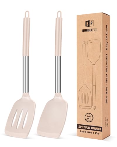 Pack of 2 Silicone Solid Turner, Non Stick Slotted Kitchen Spatulas, High Heat Resistant BPA Free Cooking Utensils, Ideal Cookware for Fish, Eggs, Pancakes(Stainless Steel Khaki) - color: Stainless Steel Khaki
