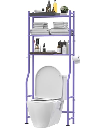 Livilord 3-Tier Over The Toilet Storage, Freestanding Metal Bathroom Shelves with 4 Hooks, Over Toilet Storage Shelf with Paper Holder, Above The Toilet Shelf for Bathroom Storage, Purple - color: E-purple