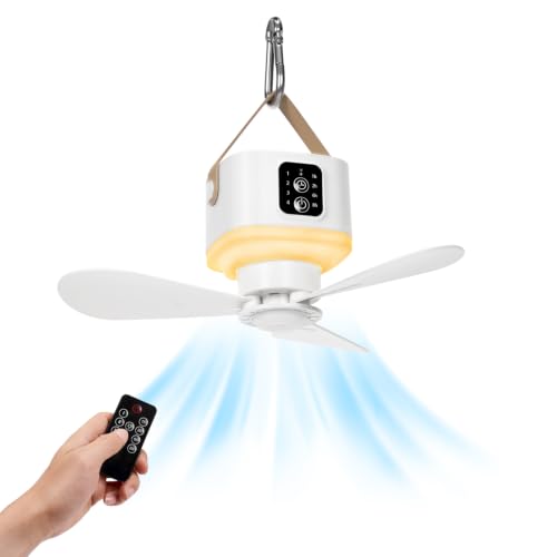 Portable Ceiling Fan with Lights Remote,USB Rechargeable Camping Fan,9.25" Wireless Tent Fan with 4 Speeds,Timer,Battery-Powered Ceiling Fan for RV,Truck,Rooftop Tent,Travel,Camping (White(B)) - color: White(B)