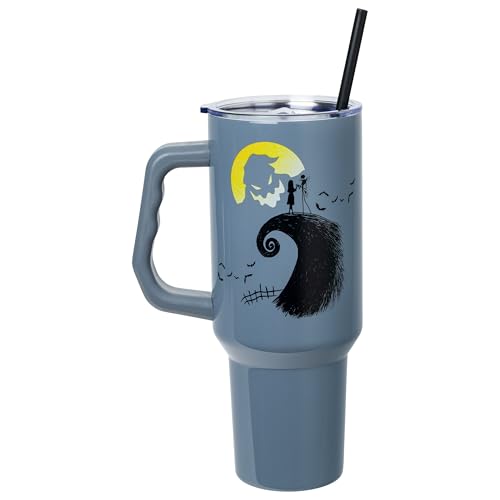 Silver Buffalo Disney Nightmare Before Christmas Featuring Oogie Boogie, Jack Skellington, and Sally Double Walled Stainless Steel Tumbler with Handle and Straw, Fits in Standard Cup Holder, 40 Ounces - color: Nightmare Before Christmas Jack and Sally