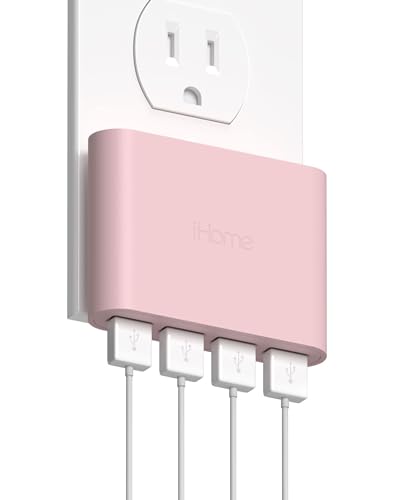 iHome Slim 4-Port USB Wall Charger, AC Pro Multiport Plug Adapter, Phone Charging Block with 4 Ports, Flat USB Wall Adapter for Home & Travel - color: Pastel Pink, size: 4-Port USB Charger