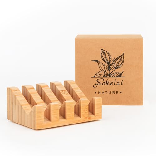 Shampoo Bar and Sponge Holders for Shower – Self-Draining Bamboo Soap Dish Tray, 2 Pack Wooden Soap Saver Racks for Conditioner Bars, Razor, Sink, Bathroom, Kitchen, or Travel