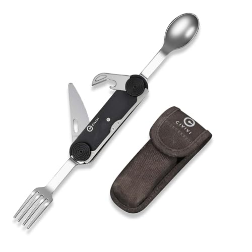 CIVIVI Partake 4-in-1 Camping Utensil, Detachable Stainless Steel Folding Knife, Fork, Spoon & Bottle Opener Multi-Tool, with Waxed Canvas Pouch for Travel Camping Hiking C24032C-1, Black - color: Black