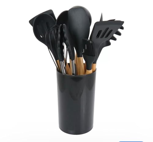 Silicone Kitchen Utensil Set with Wooden Handles – 12 Pieces + Holder, Heat Resistant, Non-Stick Cooking Tools (Multiple Colors (black) - color: Black