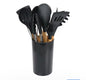 Silicone Kitchen Utensil Set with Wooden Handles – 12 Pieces + Holder, Heat Resistant, Non-Stick Cooking Tools (Multiple Colors (black) - color: Black