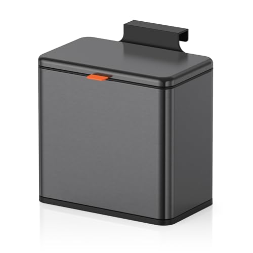 Mbillion Kitchen Compost Bin Hanging Trash Can with Lid 1.05 Gallon Stainless Steel Garbage Can for Kitchen Cabinet Door Mounted Trash Can Under Sink Door RV Bathroom,Brushed Black - color: Brushed Black, size: 1.05 Gal