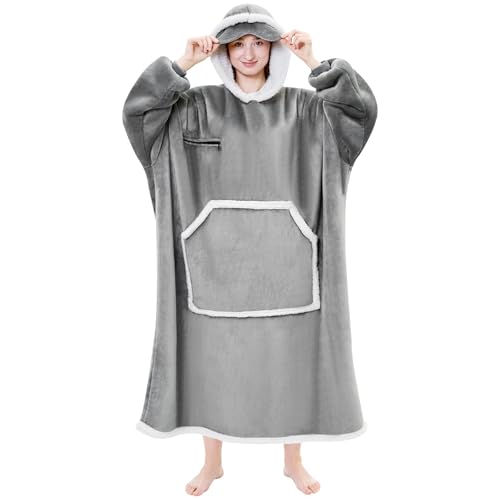 IFNOW Wearable Blanket Hoodie,Oversized Sherpa Hooded Blanket Sweatshirt with Eye Mask and Pocket,Cozy Flannel Blanket with Sleeves for Adult, Christmas Birthday Gifts for Women Mom Girlfriend,Grey - color: Grey, size: Adult