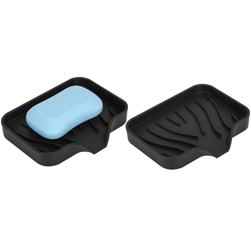 2-Pack Self-Draining Silicone Soap Dish - Anti-Slip Bar Soap Holder for Shower, Bathroom & Kitchen - color: Black Soapdish