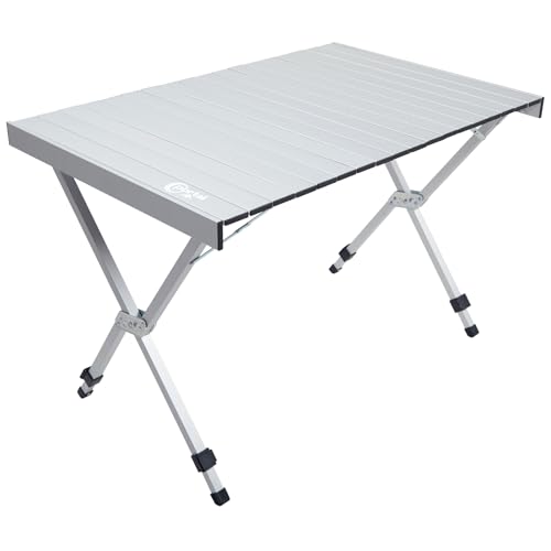 Portal Folding Outdoor Camping Table with Adjustable Height, Aluminum Roll-Up Top and Carry Bag, Big Large Portable Tables for Picnic, BBQ and Tailgating, Silver - color: Silver