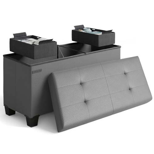 Storage Ottoman Bench with Bins, 30-in Storage Bench for Bedroom End of Bed, Folding Foot Rest Ottoman for Living Room Max 660lbs, Faux Leather Ottomans, Grey - color: 02 - Grey