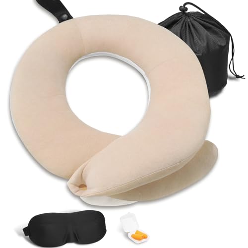 BUYUE Travel Neck Pillows for Airplanes, Memory Foam 360° Head Support Sleep for Long Flight, Skin-Friendly & Breathable, Kit with Eye Mask, Earplugs and Storage Bag (Adult, Beige, 90+ lbs) - color: Beige, size: Adult