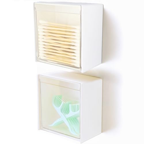 Qtip Holder Wall Mount for Cotton Swabs, Balls, Pads, Hair Ties,Floss Picks- Small Plastic Bathroom Wall Organizers and Storage Set,Bedside Shelf,Home Decor,Dorm Room Essentials (2) - color: white-2 Pack