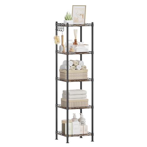 SONGMICS 5-Tier Bathroom Shelf, Storage Rack for Small Space, with 5 PP Shelf Liners, Removable Hook, Extendable Design, Ink Black and Rustic Brown ULGR023B02 - color: Ink Black + Rustic Brown, size: 5 Tiers (11.8"D x 11.8"W), style: With PP Shelf Liners
