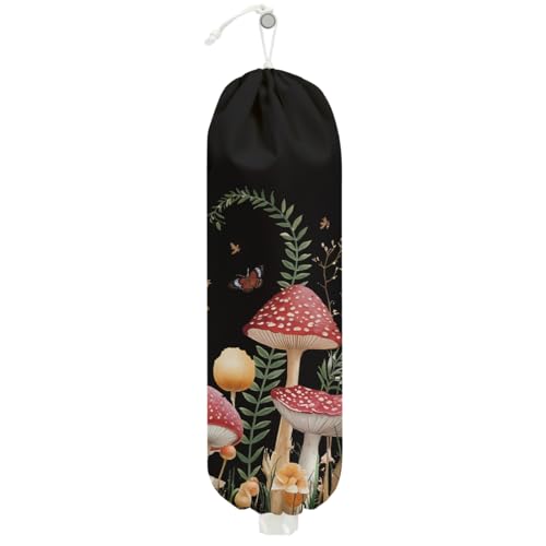 Mushroom Plastic Bag Holder, Wall Mount Grocery Bag Holder for Plastic Storage bag, Storage Organizer Reusable Grocery Bags, Pull Rope Free Adjustment, Butterfly Gifts for Women Mom Sister Grandma - color: Enchanted Mushroom