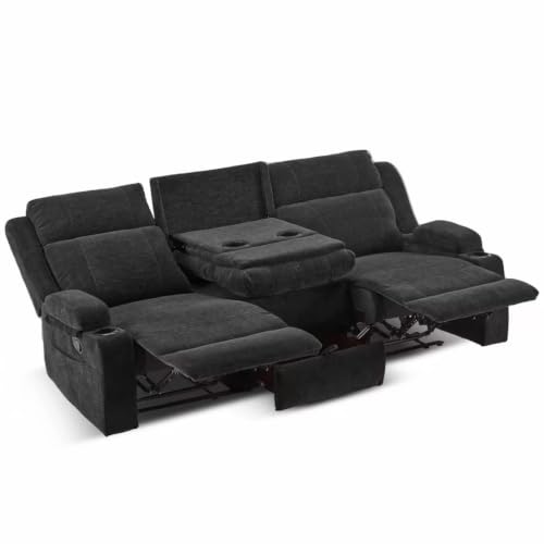 Manual Reclining Sofa, Space-Saving Reclining Couch with Convertible Table & Cup Holders & Storage Pockets, Compact 3-Seater Recliner Couch for Living Room, Home Theater & Apartment (Black) - color: Black, size: 3 Seat