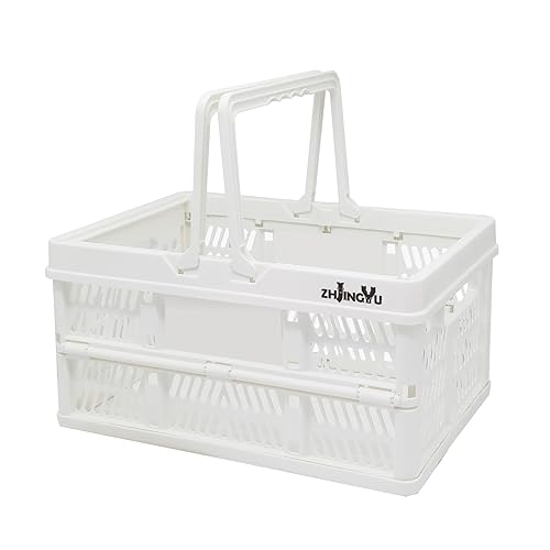Plastic crates for storage,plastic baskets for organizing,14.96inch* 9.84inch* 7.87inch,Foldable Shopping crate with Handles,collapsible storage crate,basket for car Garden Kitchen,Bathroom,office - color: White, size: 14.96"x9.84"x7.87"