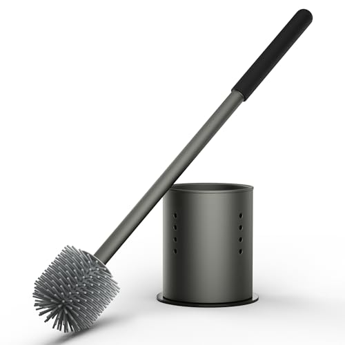 RV Toilet Brush and Holder Set- One-Piece Long Handle, Silicone Head, Magnetic Base- RV Bathroom Cleaning Kit, RV Essentials Accessories for Camper, Trailer, Motorhome