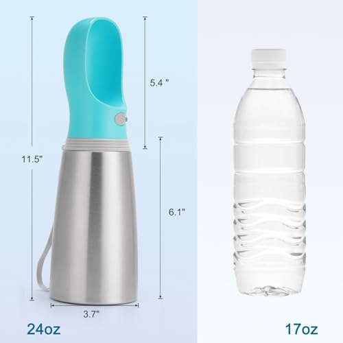Portable Dog Water Bottle, 24 OZ, Stainless Steel Leak Proof Puppy Water Dispenser with Drinking Feeder for Pets Travel, Walking, Hiking and Outdoor Activities - size: 24 OZ - Blue, style: Button switch