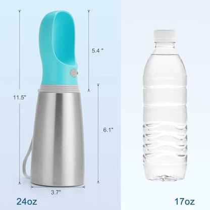 Portable Dog Water Bottle, 24 OZ, Stainless Steel Leak Proof Puppy Water Dispenser with Drinking Feeder for Pets Travel, Walking, Hiking and Outdoor Activities - size: 24 OZ - Blue, style: Button switch