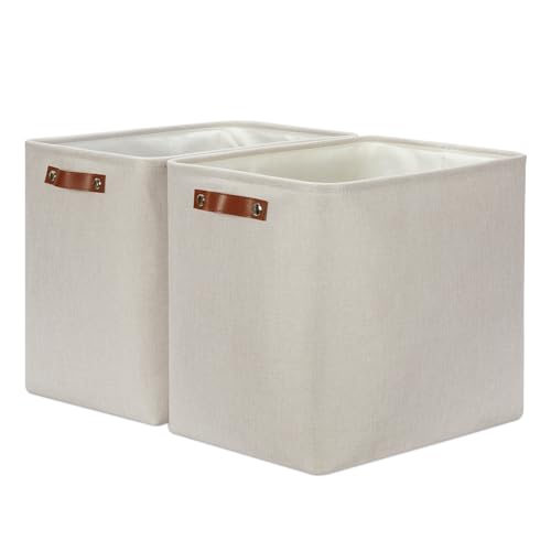 DULLEMELO Extra Large Storage Baskets, Fabric Storage Bins for Organizing Shelves Nursery Toys Books, Closet Baskets and Bins with Handles, Beige, 2-Pack - color: Beige-Leather Handles, size: Extra Large-17"x12"x15"
