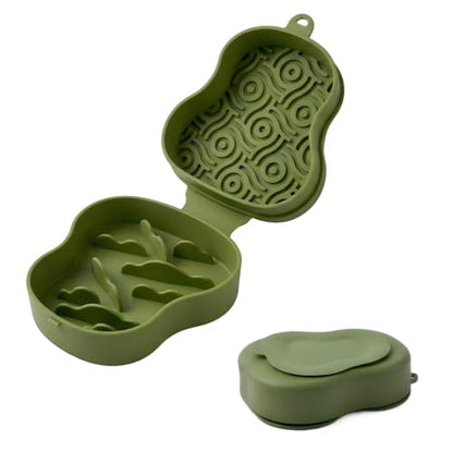 Collapsible Dog Travel Bowl with Lid, Portable Slow Feeder & Lick Mat Combo, Mess-Free Clamshell Silicone Water Dish for Hiking (Green) - color: green