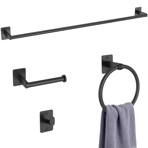 KLJKPA 4 Pieces Bathroom Hardware Set, 32 inch Towel Bar, Matte Black Bathroom Accessories Set, Towel Racks for Bathroom, Robe Towel Hooks, Toilet Paper Holder Wall Mounted - color: Black (4 Piece), size: 32 inch