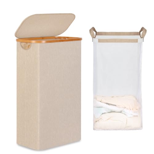 iEGrow 65L Slim Laundry Hamper, Narrow Laundry Basket with Lid,Foldable Clothes Hamper with Bamboo Handles,Hamper Basket with Removable Inner Bag for Laundry Room Bedroom College Dorm,Oatmeal - color: Oatmeal, size: 65L without Wheels