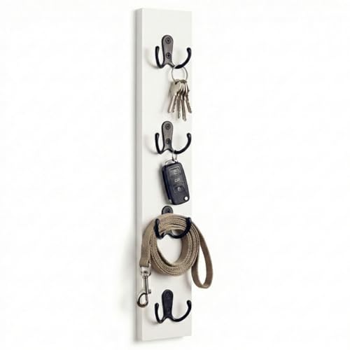 Vertical Key Holder for Wall & Dog Leash Holder – Solid Wood Wall Mount Key Rack with 8 Hooks – Small Space Saving Entryway Organizer for Keys, Lanyards, Masks (Adhesive or Screws) (White) - color: A-White