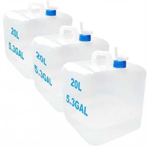 3-Pack 5.3 Gallon (20L) Collapsible Water Containers with Spigot - BPA-Free PE Water Jug - Leak-Proof Water Storage Bag for Camping, Hiking & Emergency Backup - Portable, Foldable