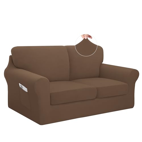 Easy-Going 5 Pieces Stretch Loveseat Cover Washable Loveseat Slipcover Set for 2 Backrest and Seat Cushion Couch Anti-Slip Sofa Couch Cover Furniture Protector with Elastic Bottom (Medium, Brown) - color: Brown, size: Medium