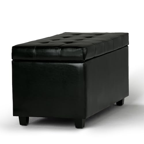 SIMPLIHOME Cosmopolitan Storage Ottoman - 34 inch Wide Upholstered Vegan Leather Rectangle Storage Ottoman Bench in Midnight Black, Transitional Tufted Ottoman for Living Room with Lift-Up Lid - color: Midnight Black