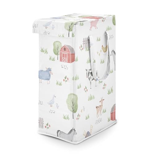 Sweet Jojo Designs Farm Animals Boy Girl Gender Neutral Laundry Hamper Foldable Dirty Clothes Basket with Handles Baby Nursery Kids Bedroom Teen Bathroom Watercolor Farmhouse Barn Horse Cow Pig Goat - color: Farm Animals