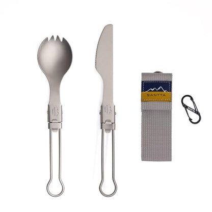 SANTTA Portable Titanium Foldable Eating Utensils with Pouch and Carabiner for Backpacking, Hiking, Camping and Traveling - style: 2-pc set