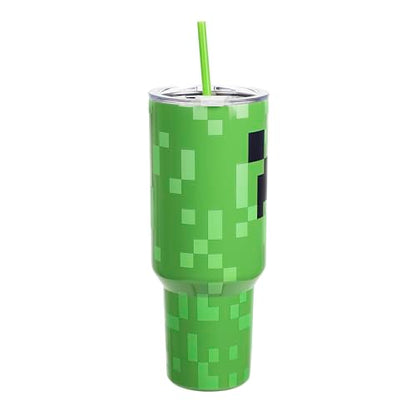Bioworld Minecraft Creeper Ultimate 40 Oz. Stainless Steel Tumbler With Pixelated Handle - color: Minecraft Creeper Ultimate Green