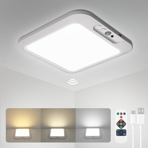 wowatt Rechargeable Battery Operated Ceiling Light, Motion Sensor Light Indoor Wireless Shower Lamp with Remote 3000K 4500K 6500K Dimmable Timing for Closet, Shower, Hallway, Patio - color: 3CCT-Square, size: 1 Pack