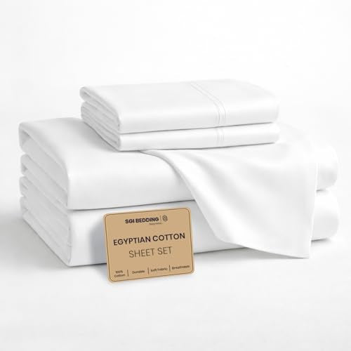 SGI bedding 100% Egyptian Cotton Sheets King Size – Cooling Sheets, Soft Breathable White Bedding, Luxury Bedding, Luxury Hotel Sheet Set, Deep Pocket 18", 4 Piece Set - color: 01 - White, size: King