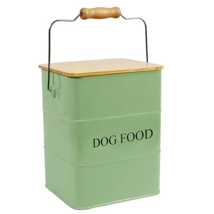 Morezi Dog Treat and Food Storage tin with Wooden lid and Scoop Included - White Powder - Carbon Steel - Dog Food bin - pet Food Container Storage Canister Green - color: Green