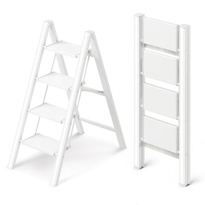 4 Step Ladder, Folding Step Stool with Wider Pedal, Anti-Slip Feet & Non Slip Stripes, Aluminum Sturdy Material, 300Lbs Capacity, Elegant Look of Modern White Better Matches Your Home - color: White, size: 4 Step
