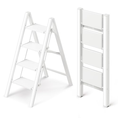 4 Step Ladder, Folding Step Stool with Wider Pedal, Anti-Slip Feet & Non Slip Stripes, Aluminum Sturdy Material, 300Lbs Capacity, Elegant Look of Modern White Better Matches Your Home - color: White, size: 4 Step