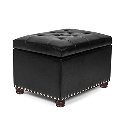 Leather Ottoman with Storage,24’’Foot Rest Ottomans with Hinged Lid Rectangle Upholstered Foot Stools Nailhead Trim for Living Room Bedroom,Black - color: Black