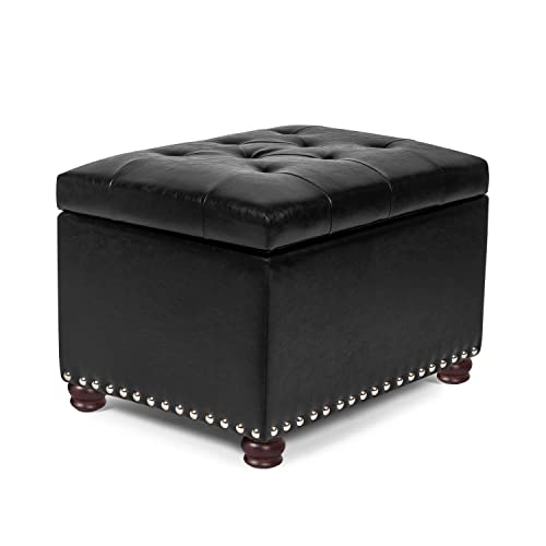 Leather Ottoman with Storage,24’’Foot Rest Ottomans with Hinged Lid Rectangle Upholstered Foot Stools Nailhead Trim for Living Room Bedroom,Black - color: Black